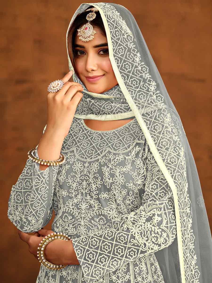 Grey Net Embroidered Festival Wedding Anarkali Salwar Kameez