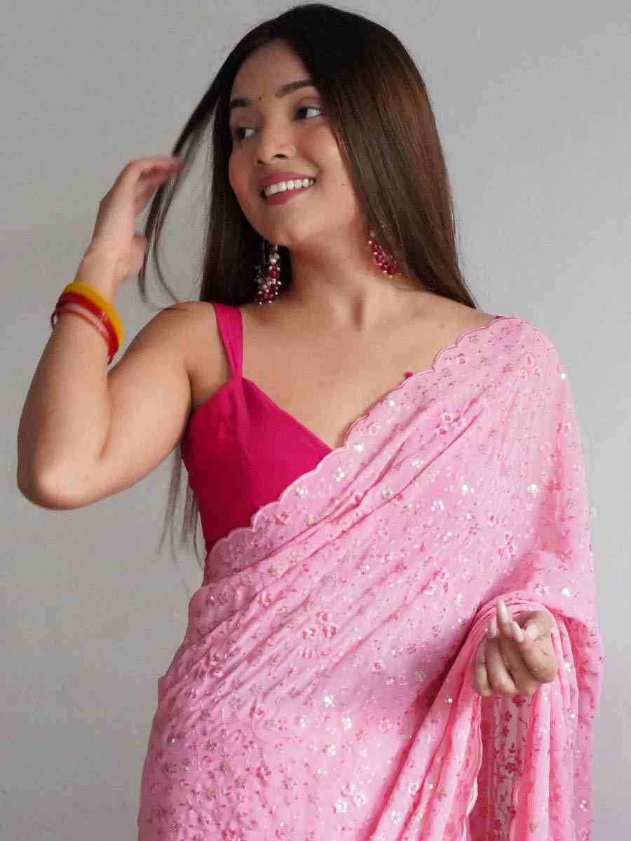 Light Pink Georgette Sequins Festival Party Classic Style Saree
