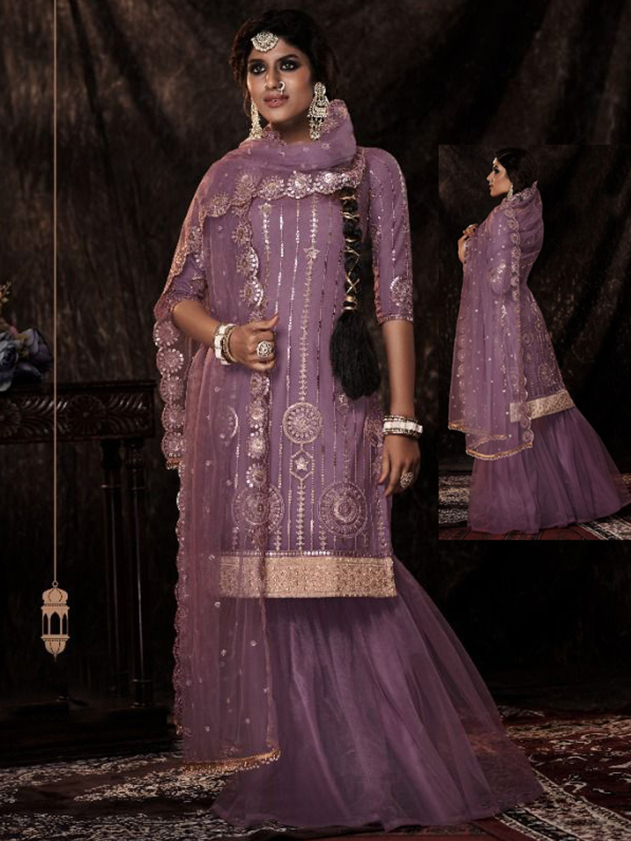 Lilac Violet Net Embroidered Party Palazzo Pant Kameez