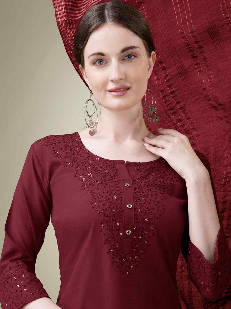 Maroon Cotton Blend Embroidered Festival Casual Ready Pant Salwar Kameez