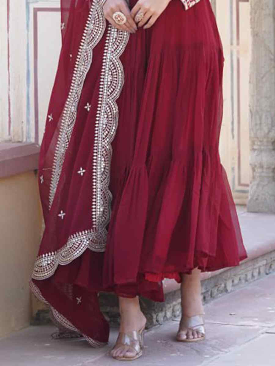 Maroon Faux Blooming Viscose Embroidered Festival Casual Gown