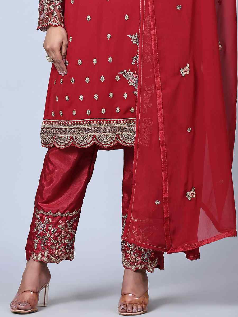 Maroon Georgette Embroidered Festival Wedding Pant Salwar Kameez