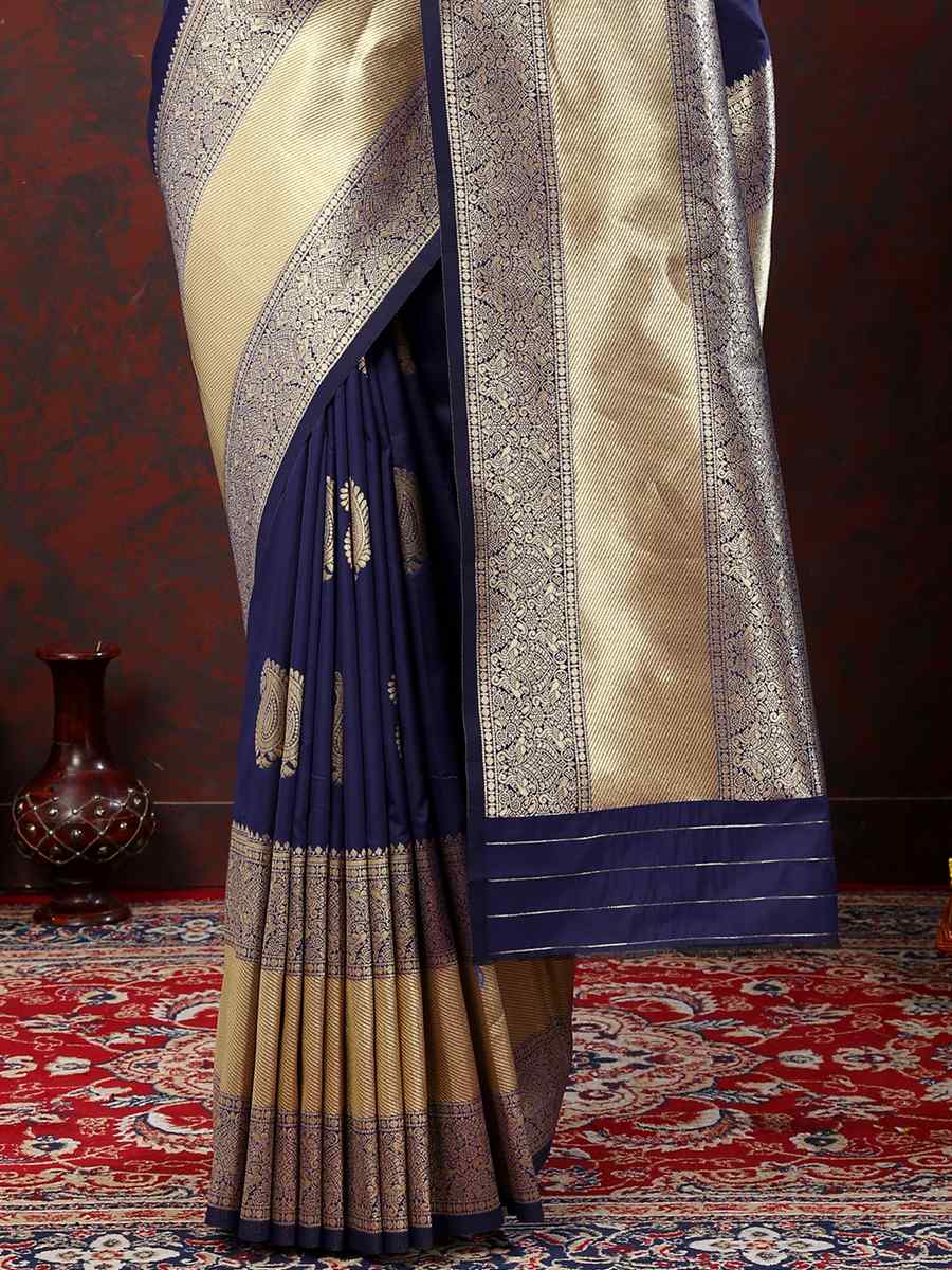 Navy Blue Silk Handwoven Wedding Festival Heavy Border Saree