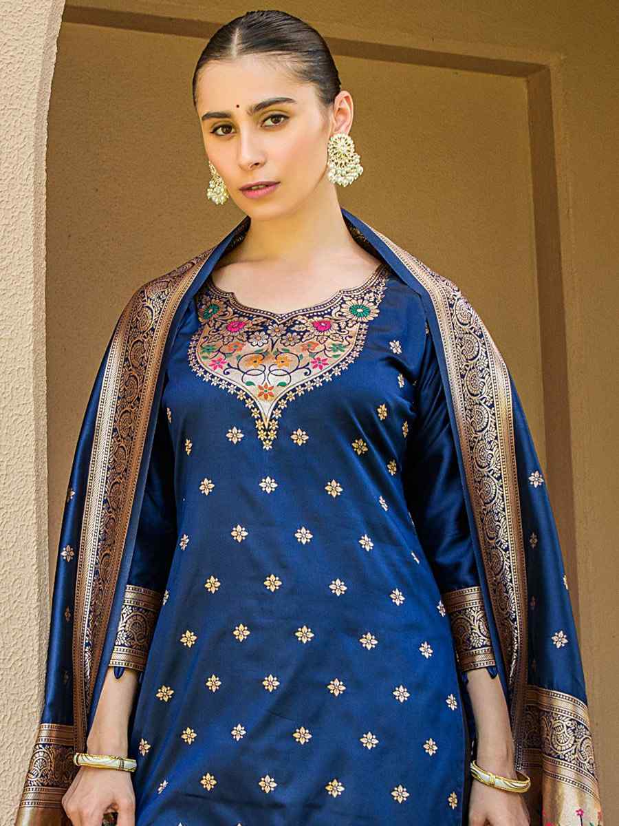 Navy Blue Soft Banarsi Silk Embroidered Casual Festival Pant Salwar Kameez