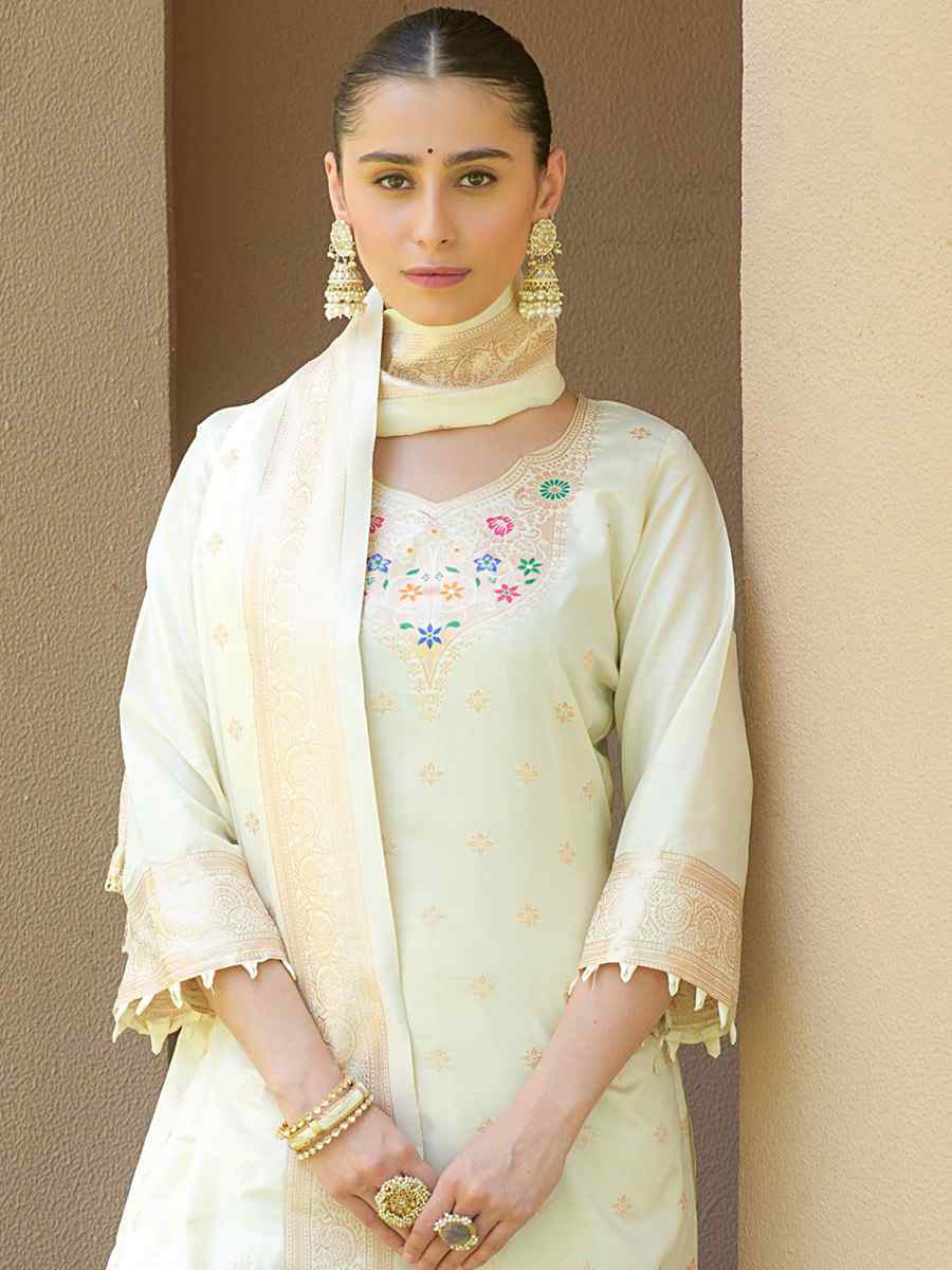 Off White Soft Banarsi Silk Embroidered Casual Festival Pant Salwar Kameez