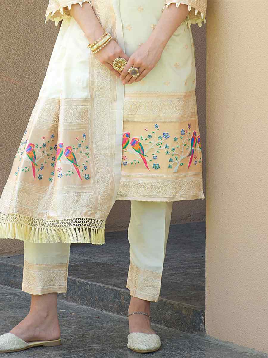 Off White Soft Banarsi Silk Embroidered Casual Festival Pant Salwar Kameez