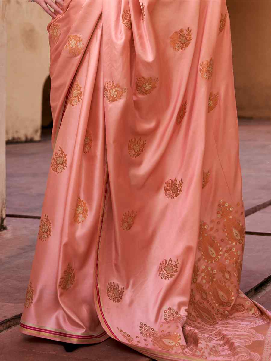 Peach Pure Satin Silk Handwoven Wedding Festival Classic Style Saree