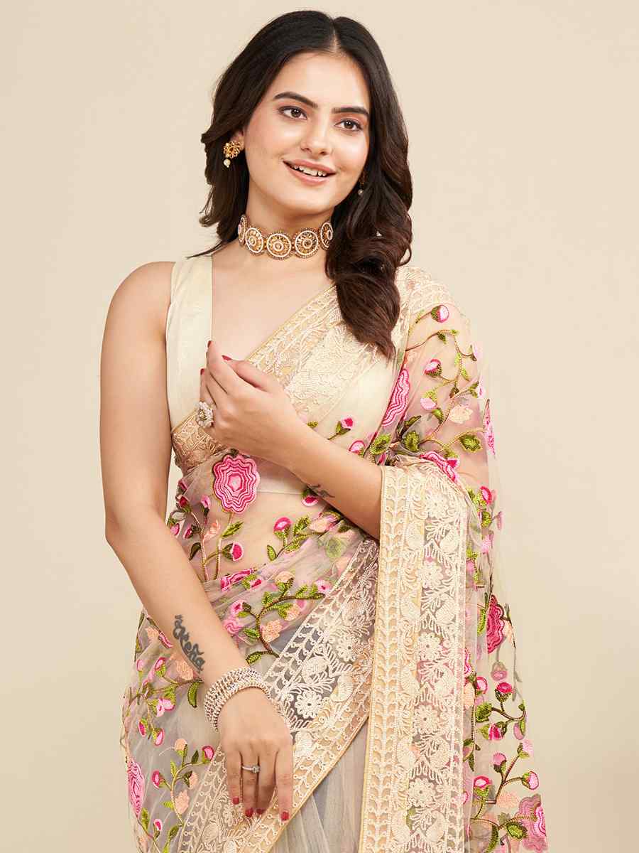 Peach Soft Net Embroidered Party Festival Classic Style Saree