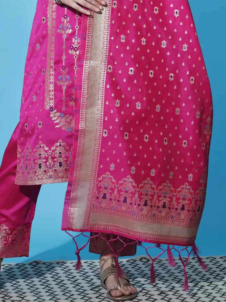 Pink Cotton Silk Jacquard Embroidered Festival Mehendi Ready Pant Salwar Kameez