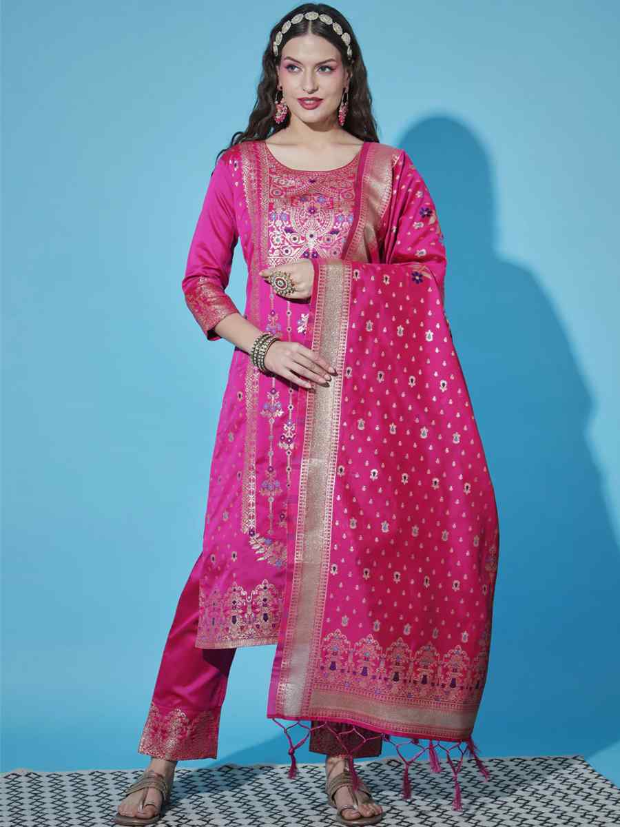 Pink Cotton Silk Jacquard Embroidered Festival Mehendi Ready Pant Salwar Kameez