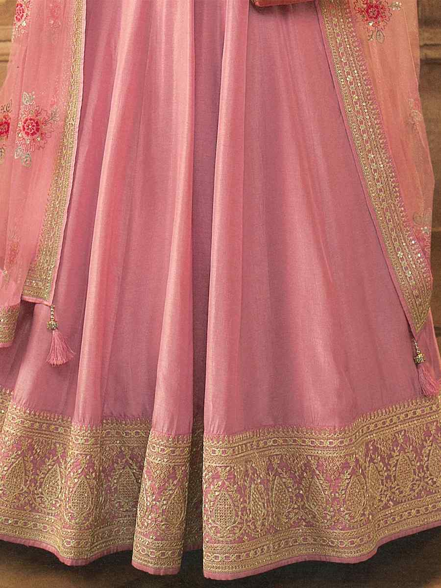 Pink Dola Silk Embroidered Festival Wedding Anarkali Bollywood Style Salwar Kameez