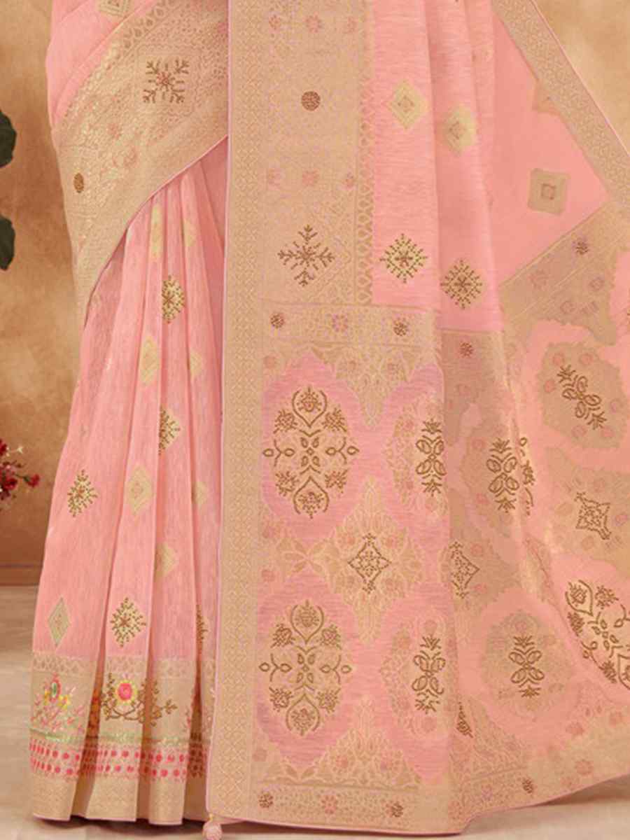 Pink Kora Silk Handwoven Wedding Festival Heavy Border Saree