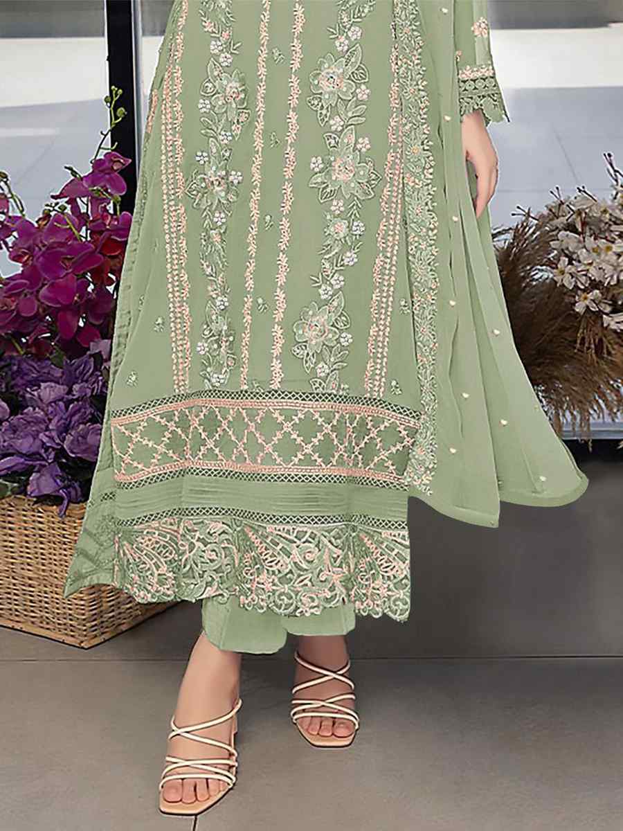 Pista Green Georgette Embroidered Festival Wedding Pant Salwar Kameez