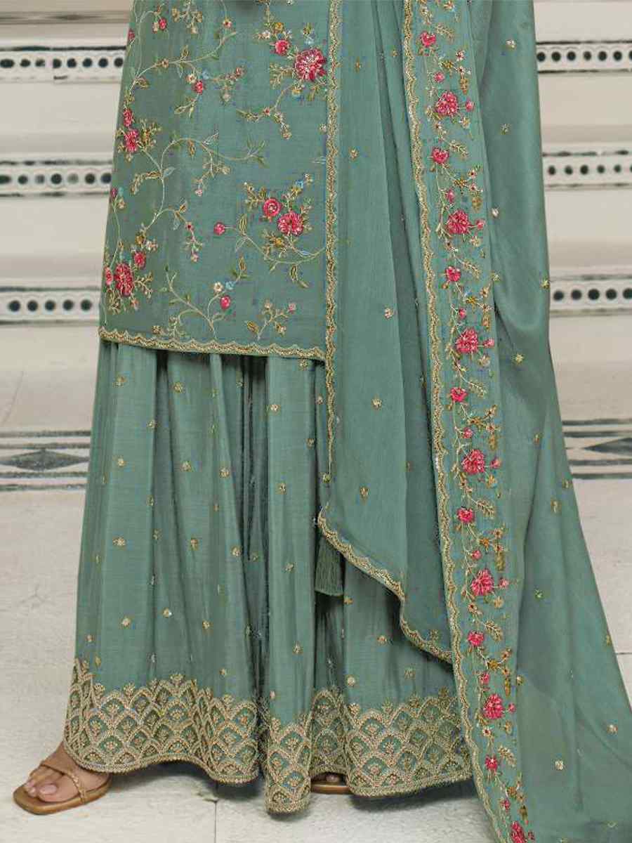 Pista Heavy Blooming Viscose Chinon Embroidered Festival Wedding Palazzo Pant Bollywood Style Salwar Kameez