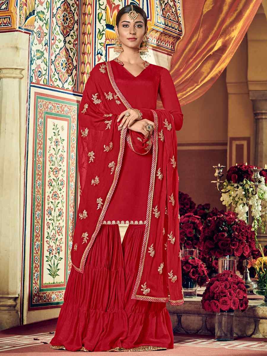 Red Georgette Embroidered Festival Wedding Sharara Pant Salwar Kameez