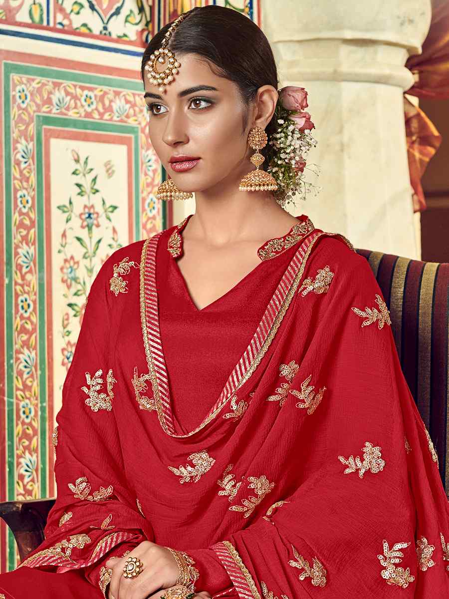 Red Georgette Embroidered Festival Wedding Sharara Pant Salwar Kameez