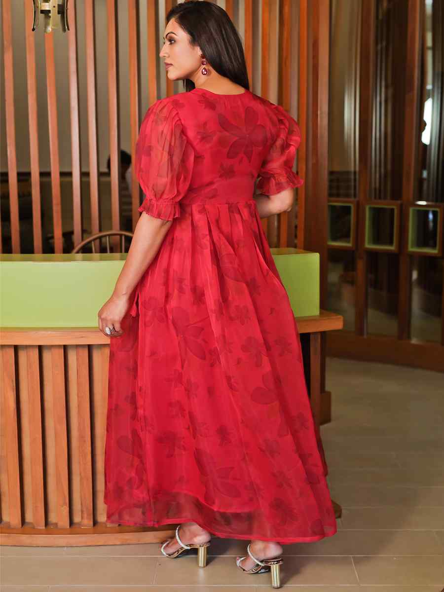Red Pure Organza  Printed Festival Casual Gown