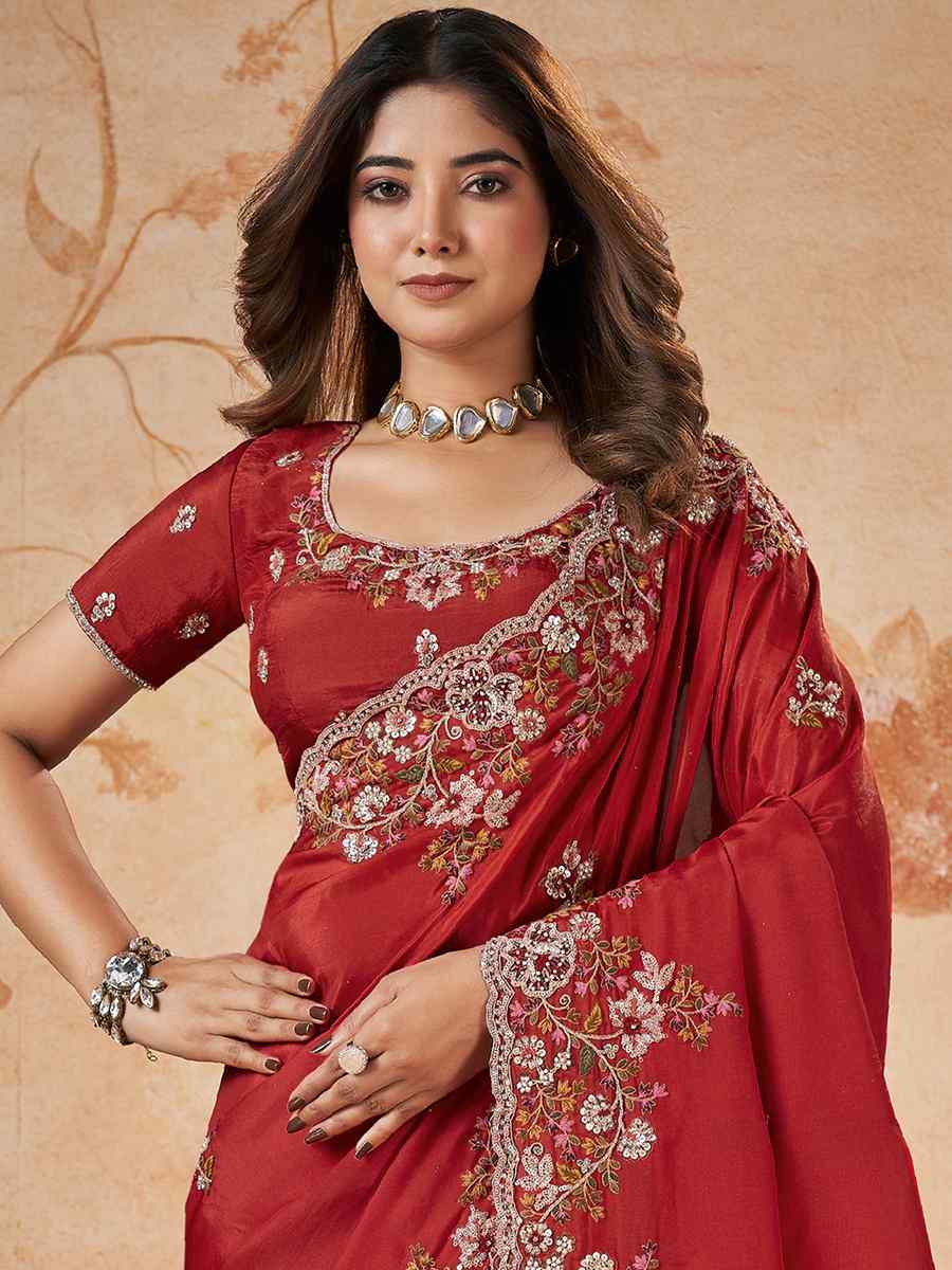 Red Upada Silk Embroidered Party Wedding Heavy Border Saree