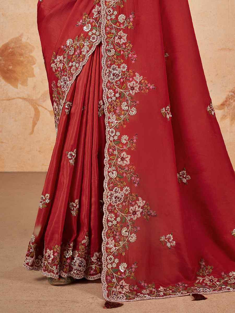 Red Upada Silk Embroidered Party Wedding Heavy Border Saree