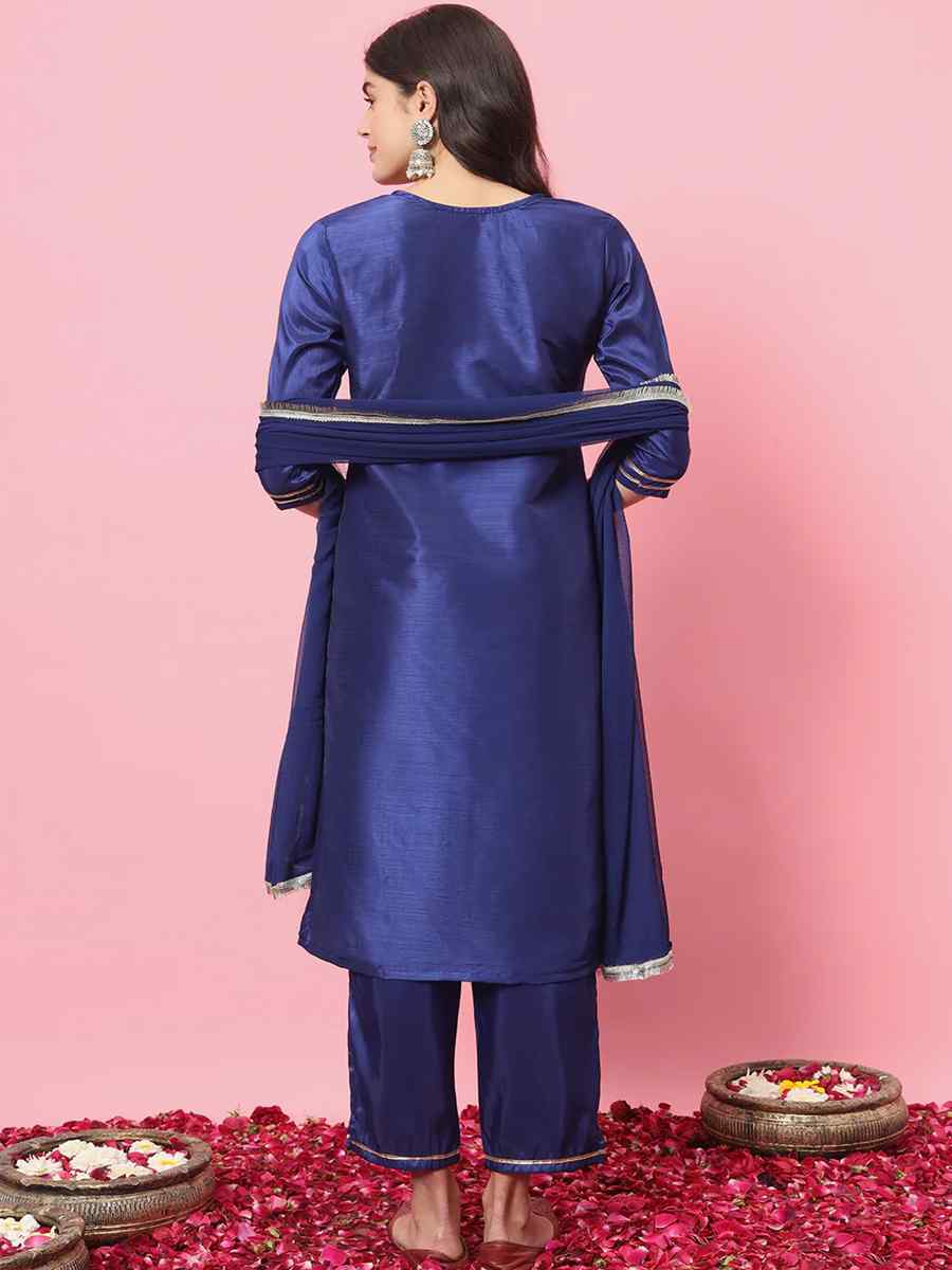 Royal Blue Silk Blend Embroidered Festival Casual Ready Pant Salwar Kameez