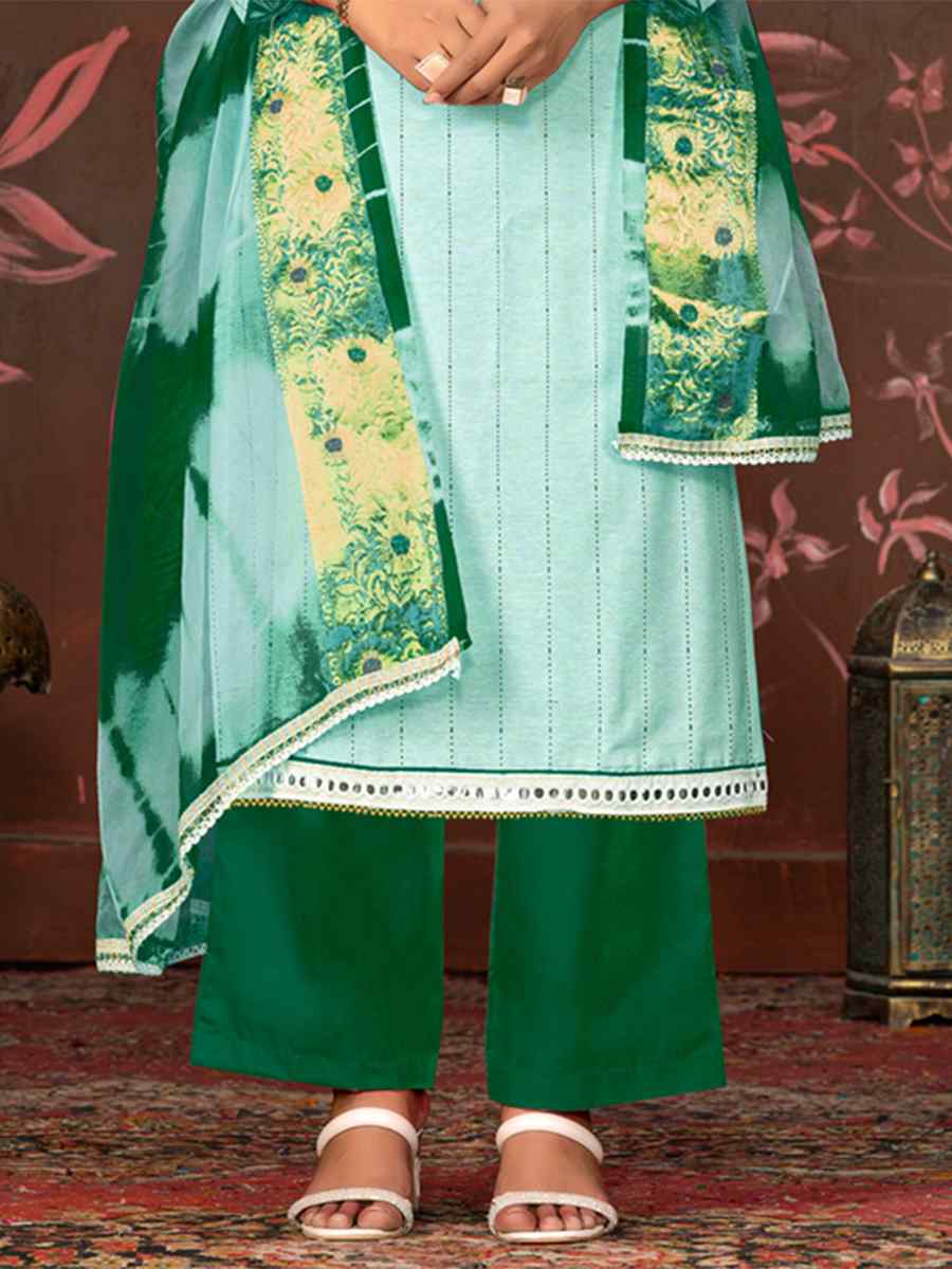 Sea Green Cembric Cotton Embroidered Casual Festival Pant Salwar Kameez