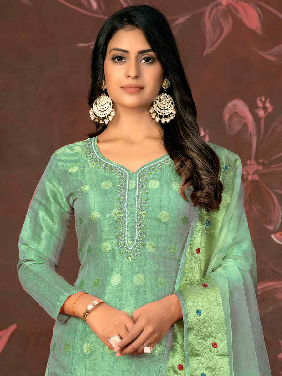 Sea Green Modal Cotton Jacquard Embroidered Casual Festival Pant Salwar Kameez