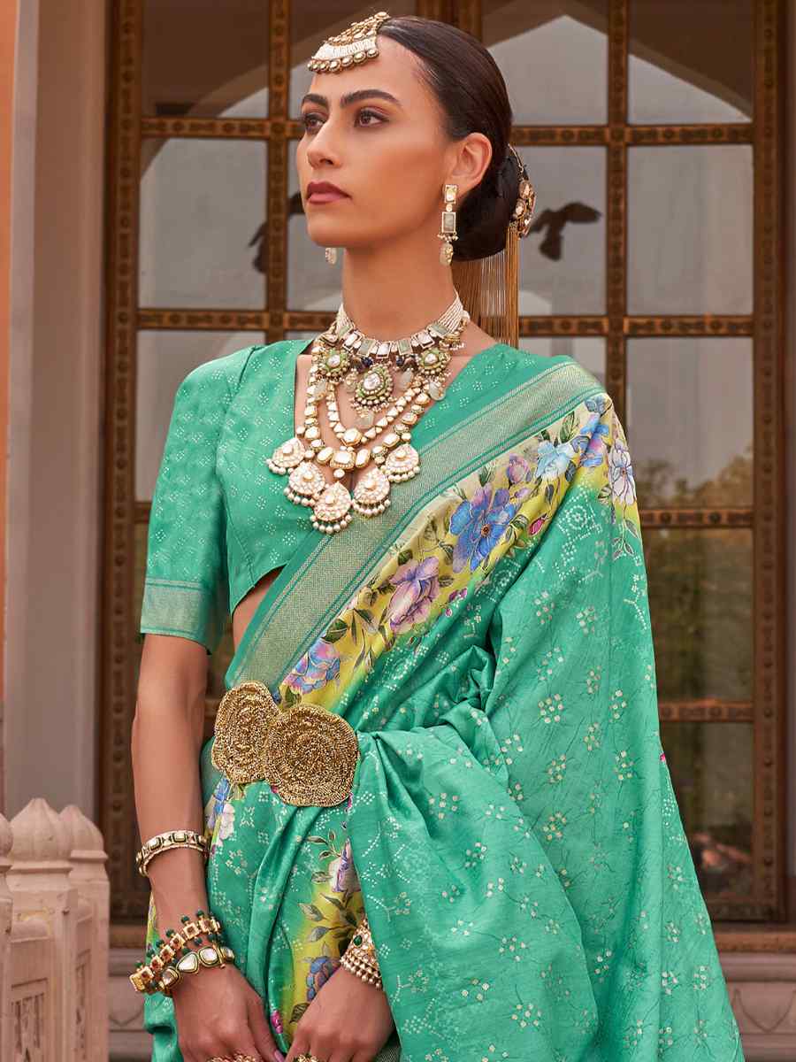 Sea Green Silk Printed Casual Festival Classic Style Saree