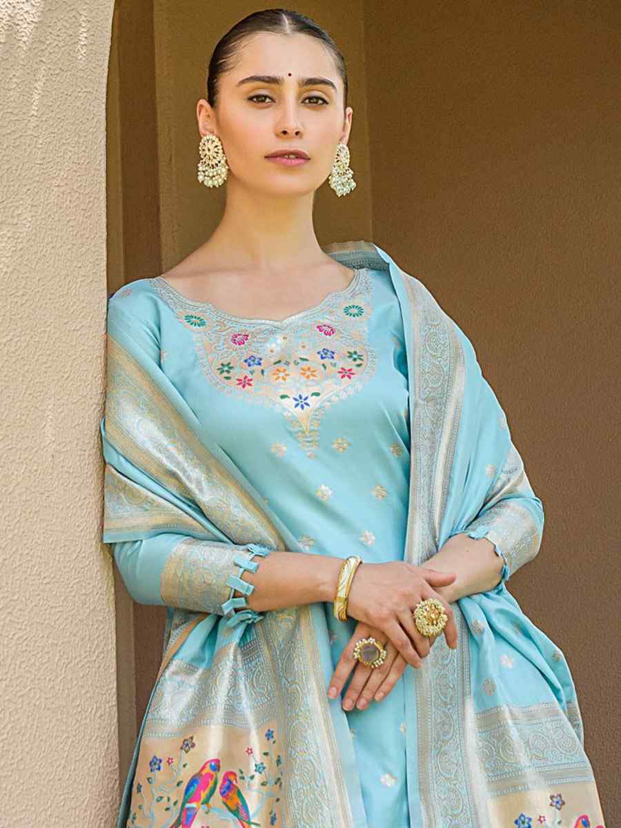 Sky Blue Soft Banarsi Silk Embroidered Casual Festival Pant Salwar Kameez