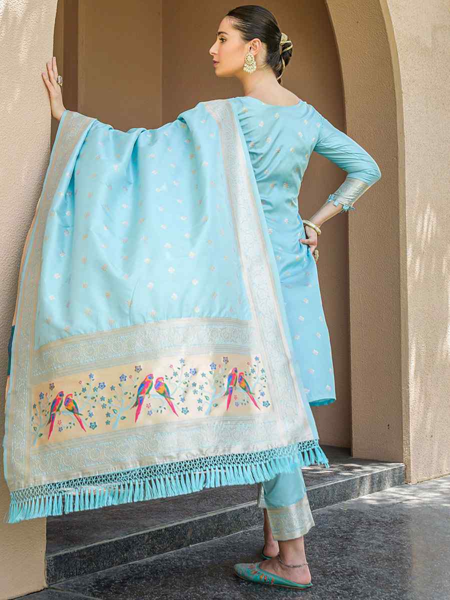 Sky Blue Soft Banarsi Silk Embroidered Casual Festival Pant Salwar Kameez