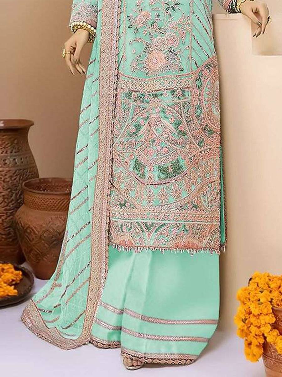 Sky Faux Georgette Embroidered Festival Wedding Palazzo Pant Salwar Kameez