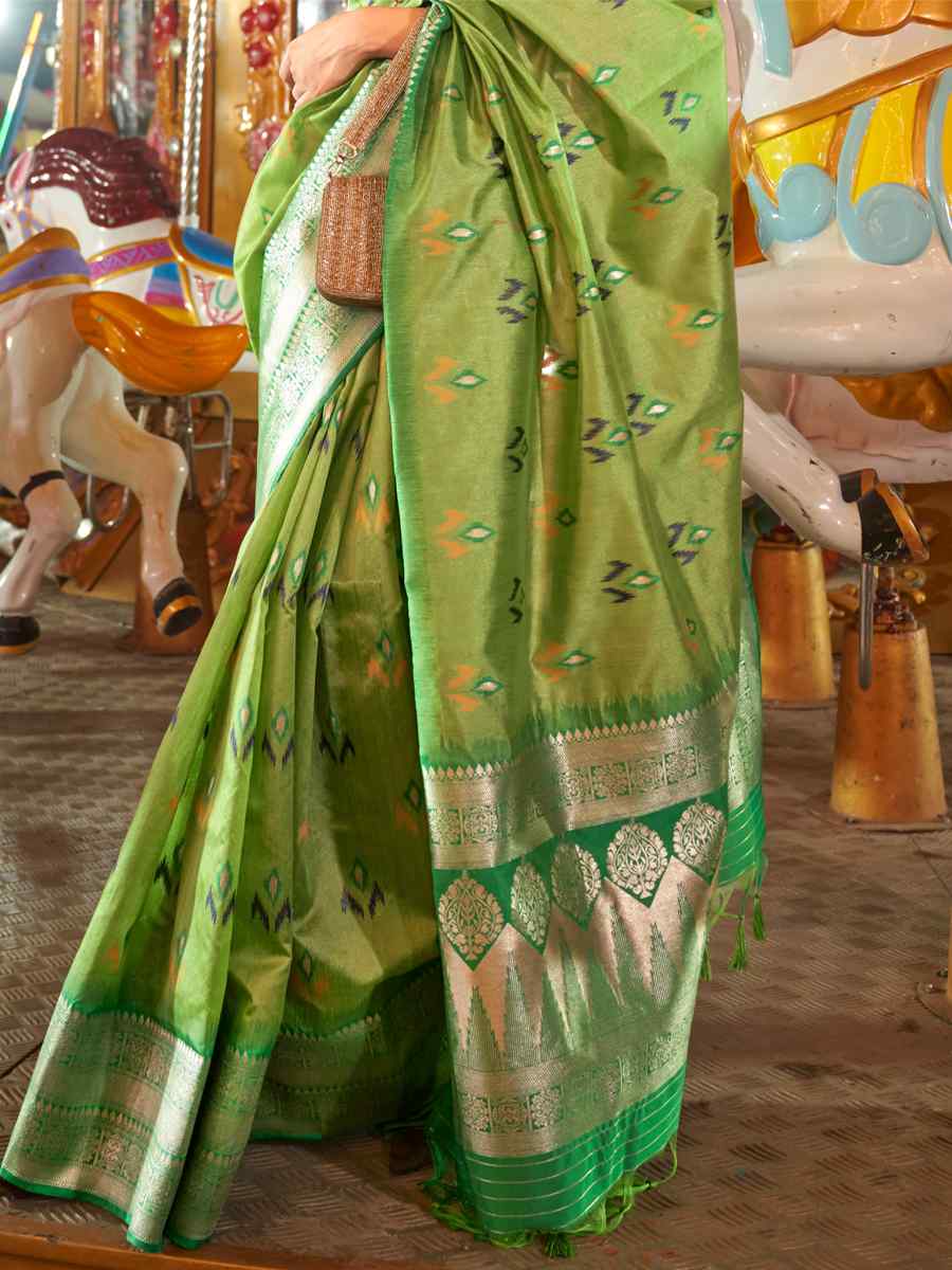 Sycamore Green Satin Handwoven Wedding Festival Heavy Border Saree