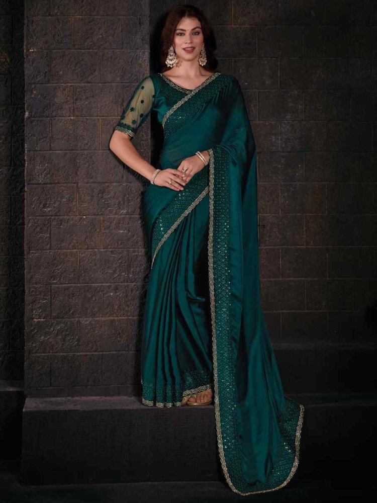 Teal Blue Pure Chiffon Silk Embroidered Festival Party Heavy Border Saree