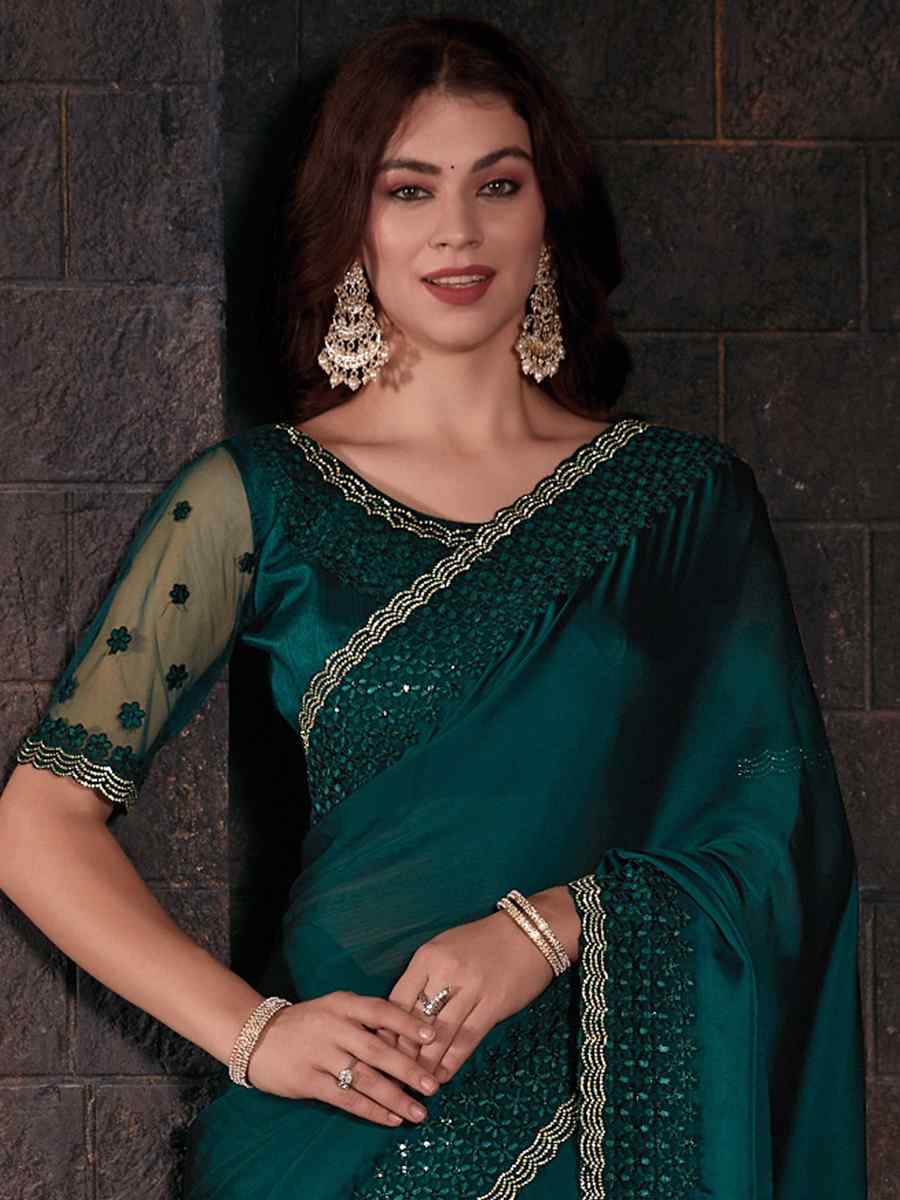 Teal Blue Pure Chiffon Silk Embroidered Festival Party Heavy Border Saree