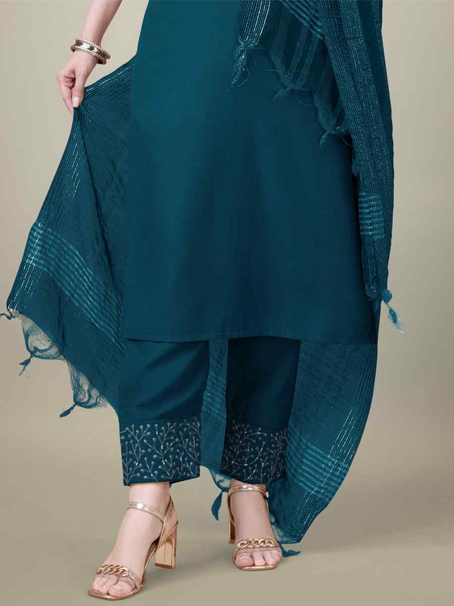Teal Cotton Blend Embroidered Festival Casual Ready Pant Salwar Kameez