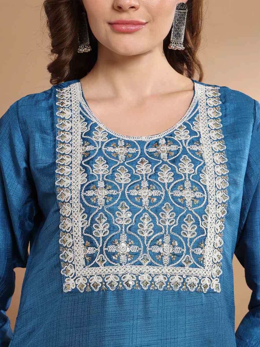 Teal Cotton Silk Blend Embroidered Festival Casual Ready Pant Salwar Kameez