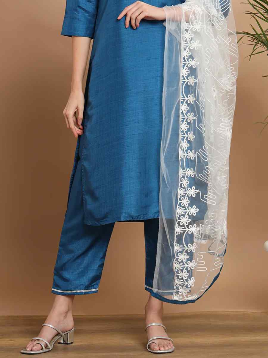 Teal Cotton Silk Blend Embroidered Festival Casual Ready Pant Salwar Kameez