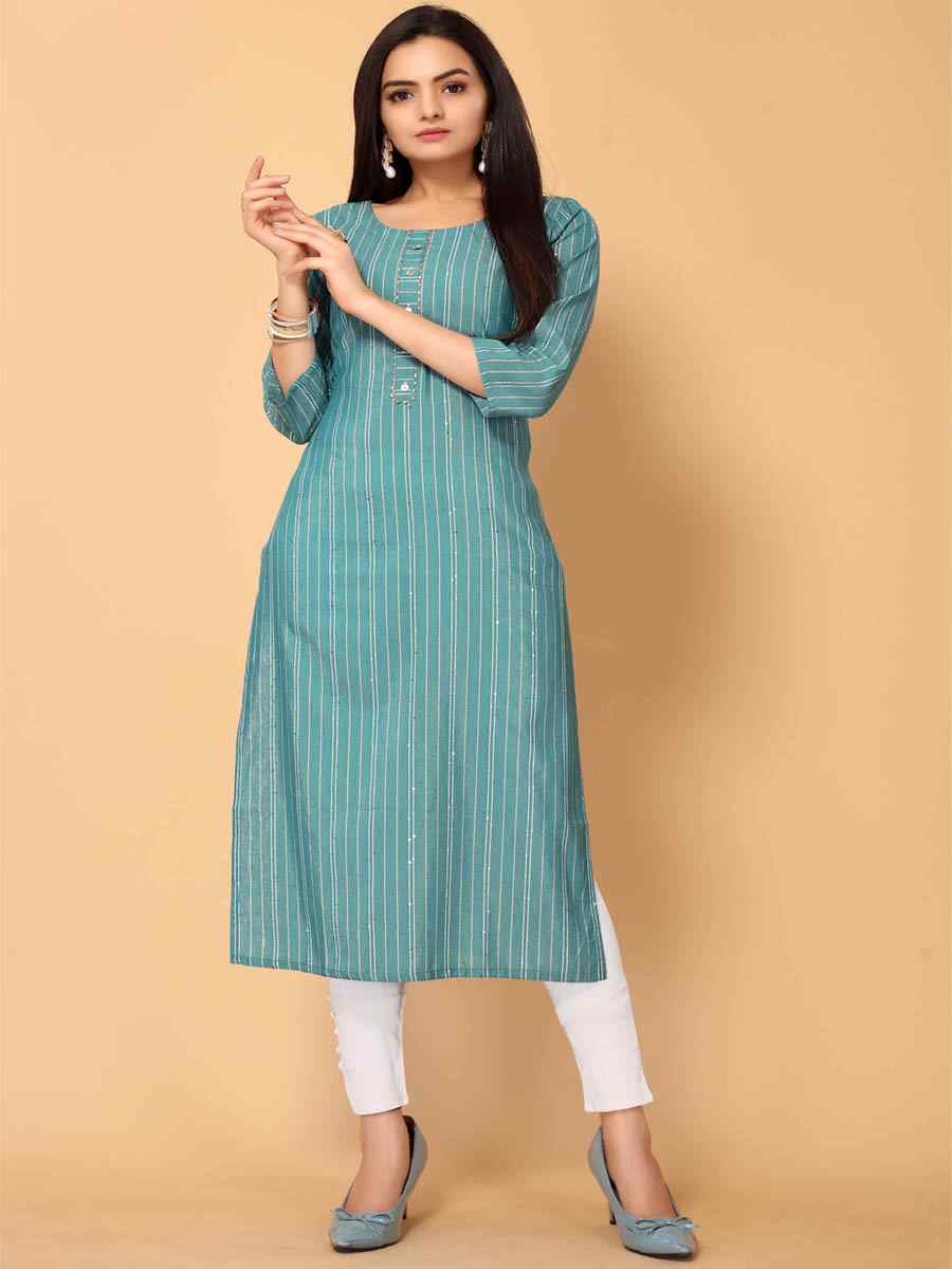 Teal Green Poly Cotton Printed Festival Casual Kurti