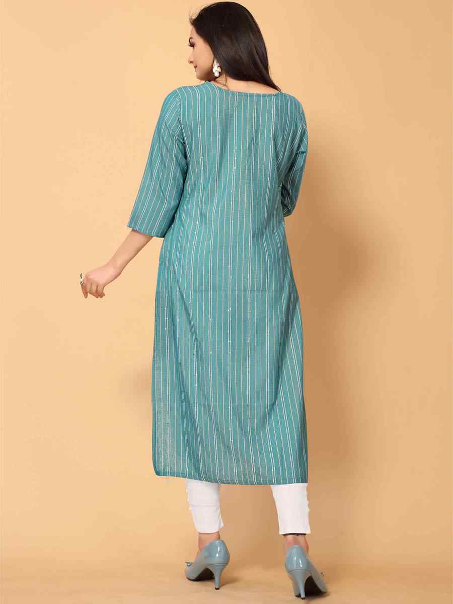 Teal Green Poly Cotton Printed Festival Casual Kurti