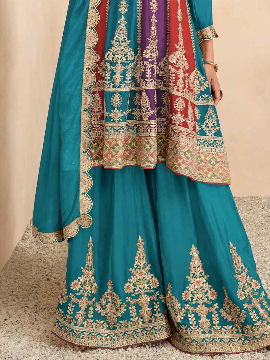 Teal Heavy Chinon Embroidered Festival Wedding Palazzo Pant Salwar Kameez