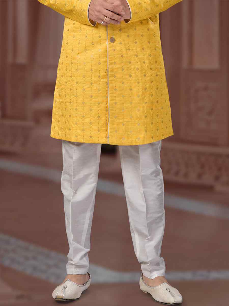 Yellow Banglori Silk Embroidered Groom Wedding Sherwani