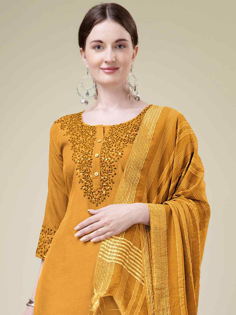 Yellow Cotton Blend Embroidered Festival Casual Ready Pant Salwar Kameez
