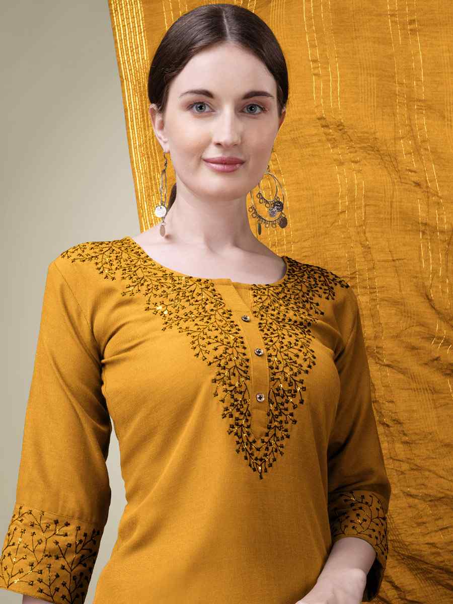 Yellow Cotton Blend Embroidered Festival Casual Ready Pant Salwar Kameez