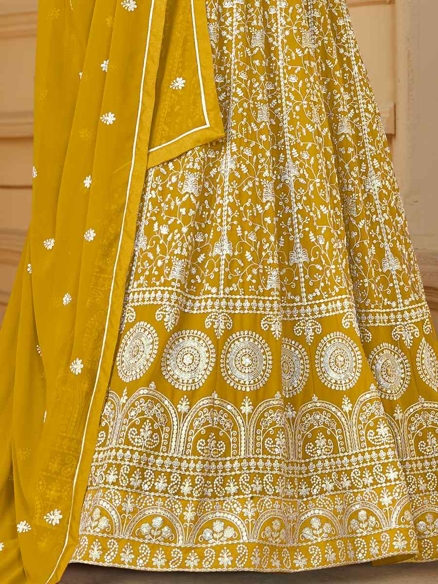 Yellow Faux Georgette Embroidered Festival Wedding Anarkali Salwar Kameez