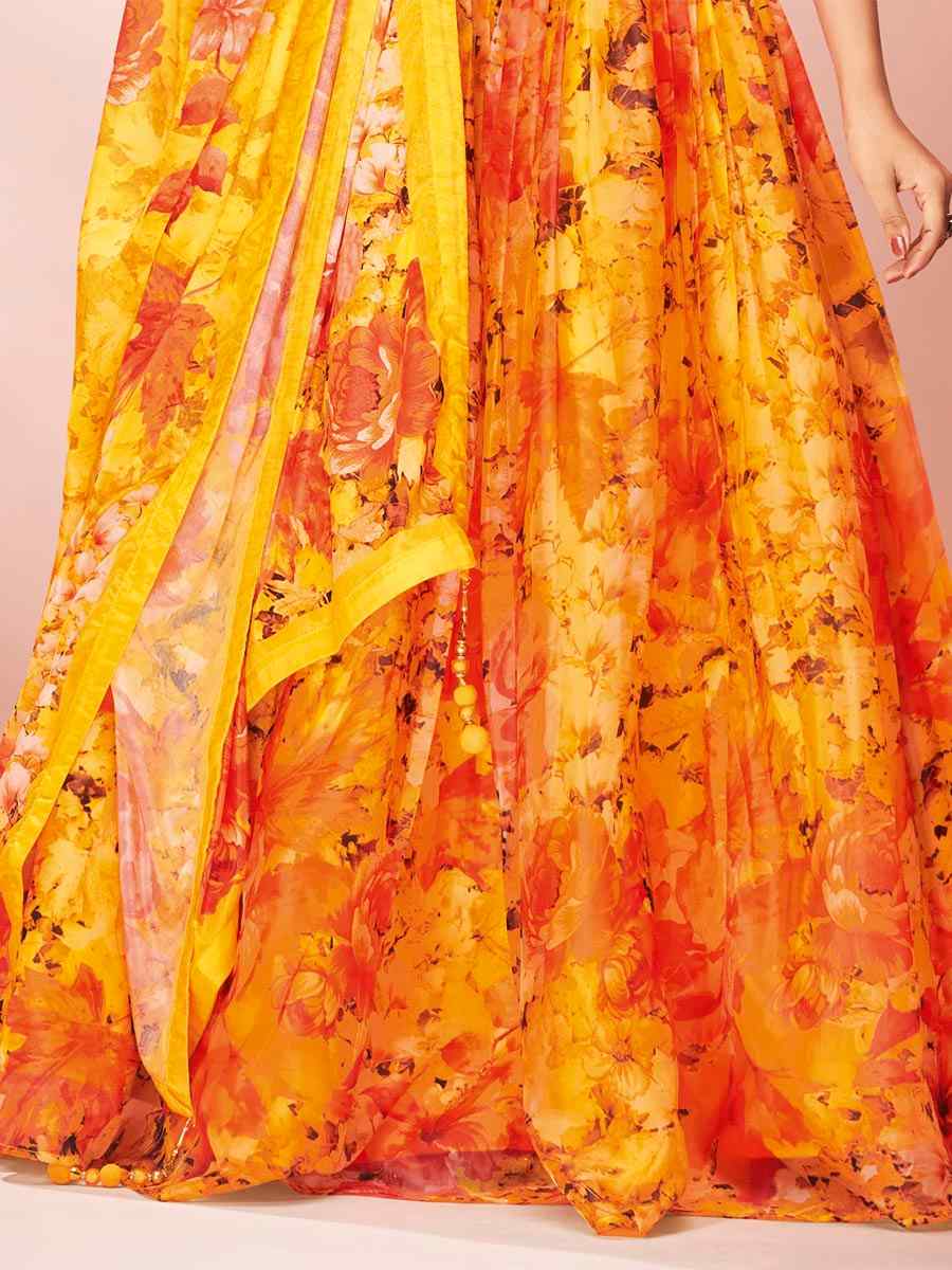 Yellow Organza Embroidered Printed Sequins Wedding Traditional Lehenga Choli