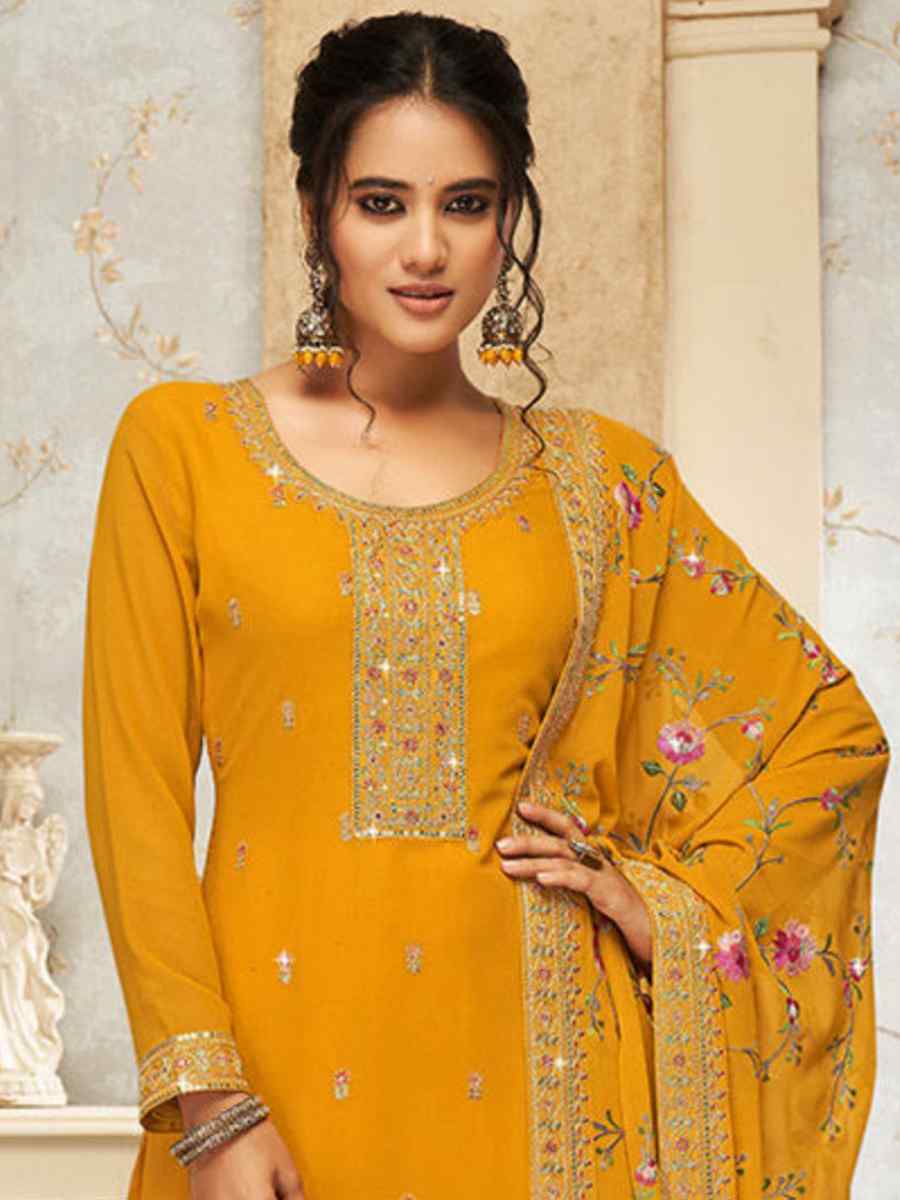 Yellow Real Georgette Embroidered Casual Festival Palazzo Pant Salwar Kameez