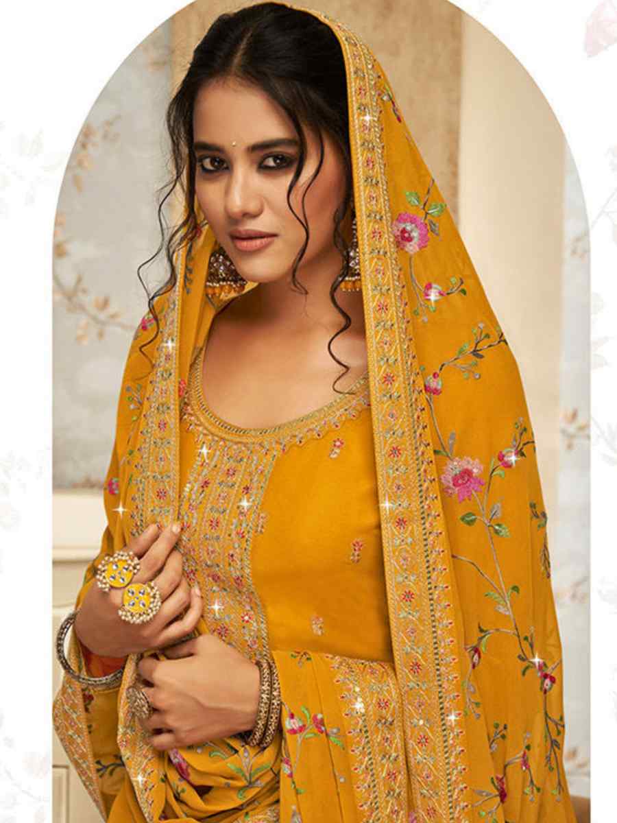 Yellow Real Georgette Embroidered Casual Festival Palazzo Pant Salwar Kameez