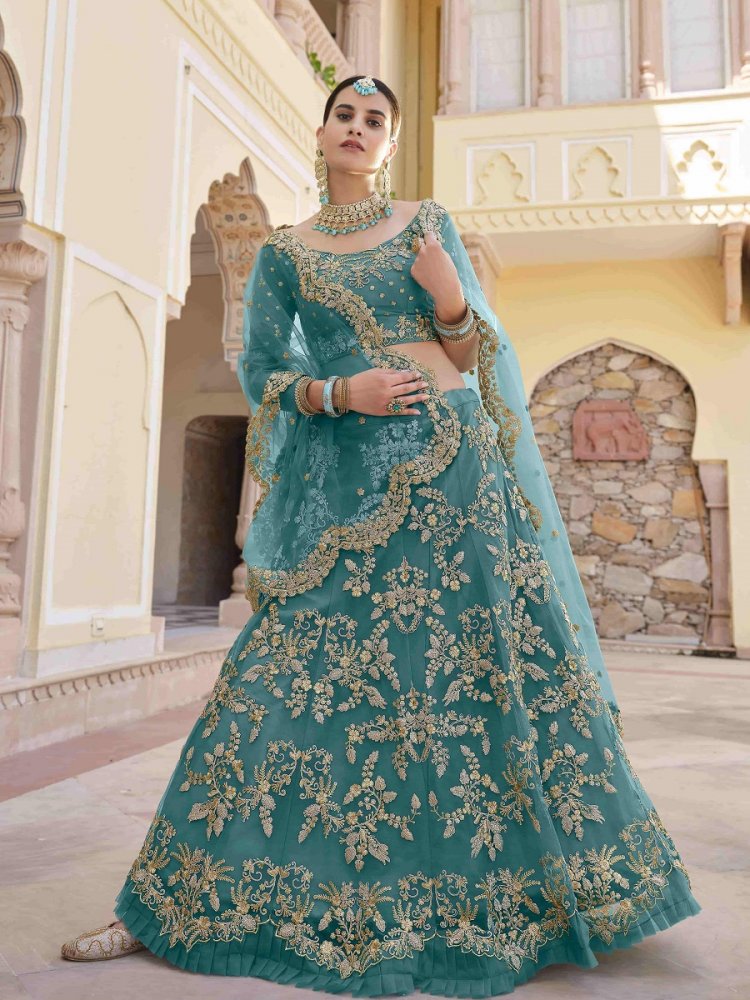 Myrtle Green Net Embroidered Bridal Lehenga Choli