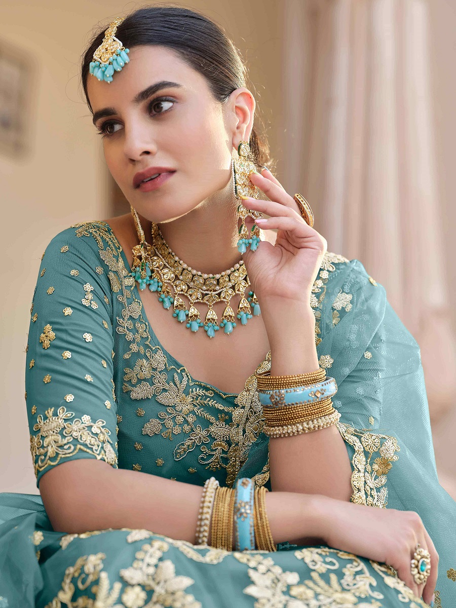 Myrtle Green Net Embroidered Bridal Lehenga Choli