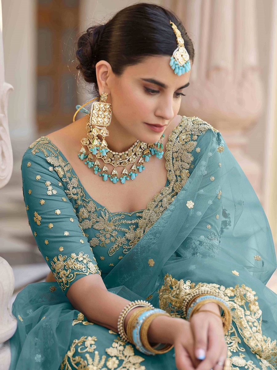 Myrtle Green Net Embroidered Bridal Lehenga Choli