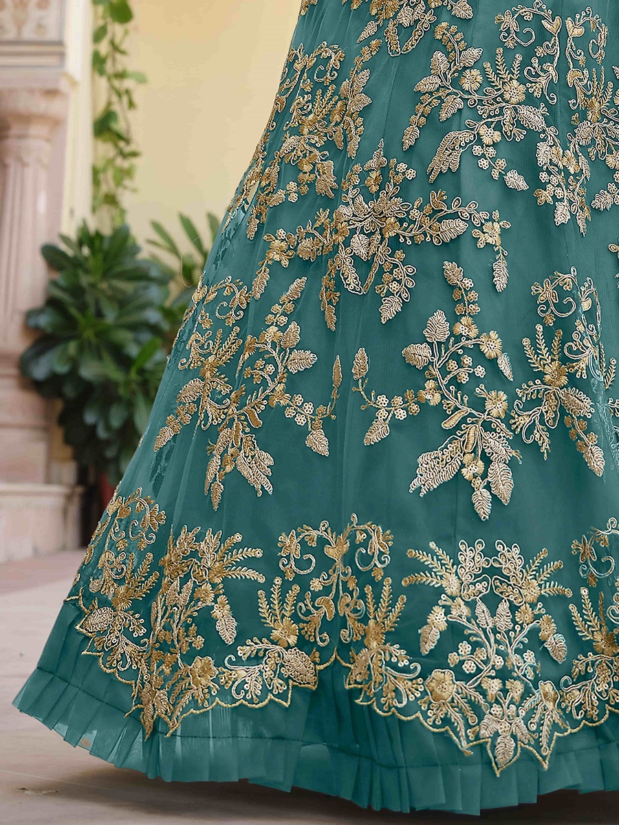 Myrtle Green Net Embroidered Bridal Lehenga Choli